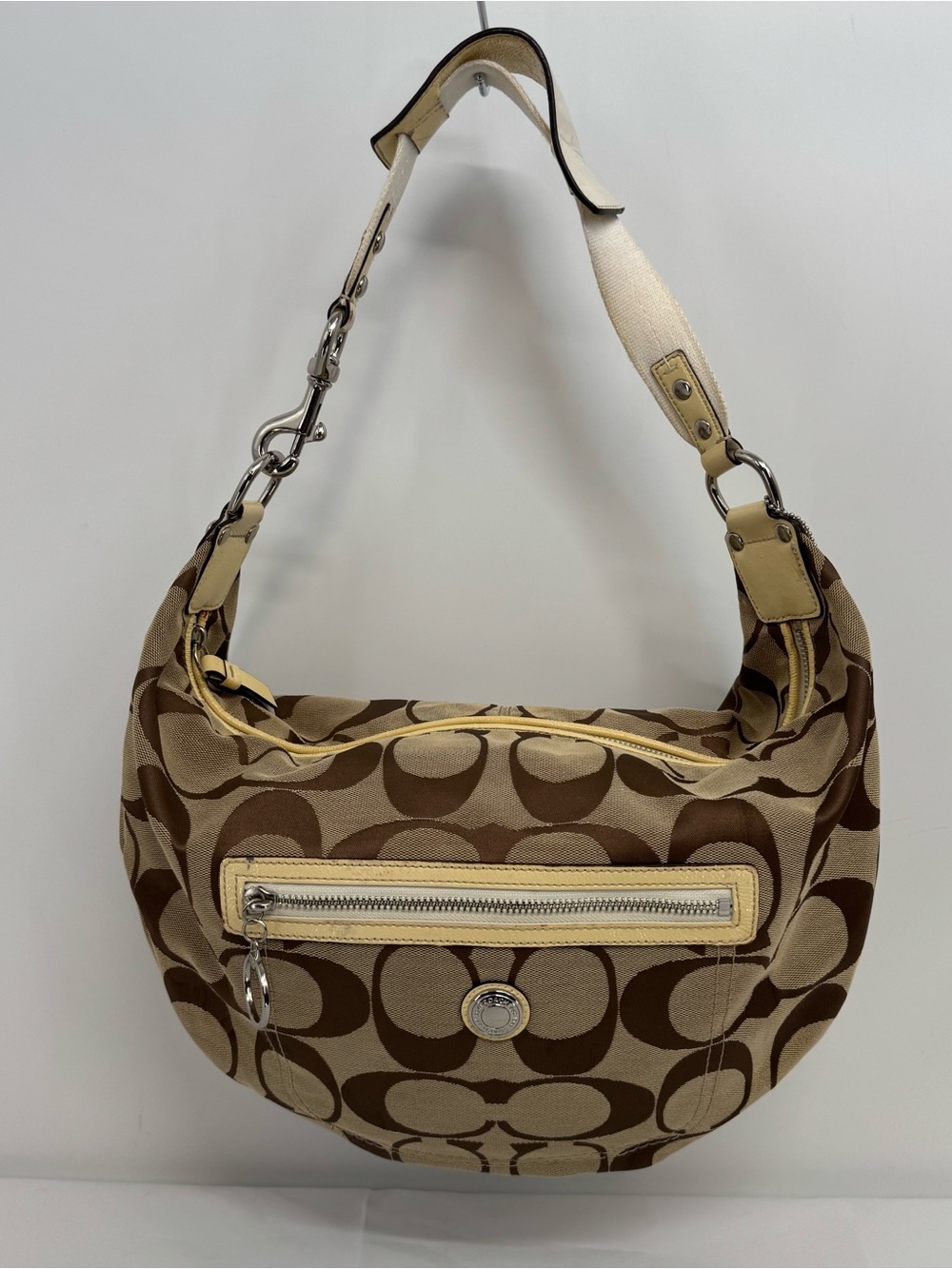 Coach Brown Beige Signature Carly Hobo Shoulder Bag Silver Hardware F14870